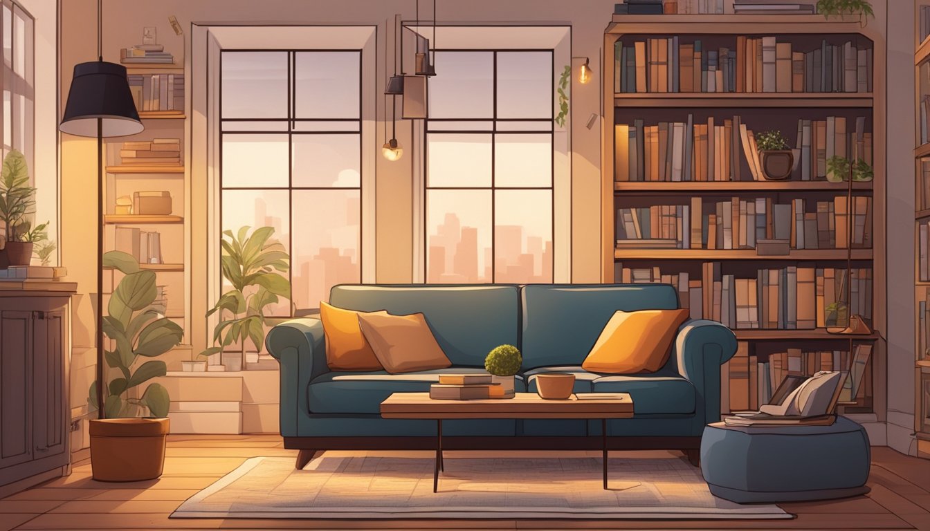 A small sofa in a cozy living room, surrounded by shelves of books and a warm, inviting atmosphere