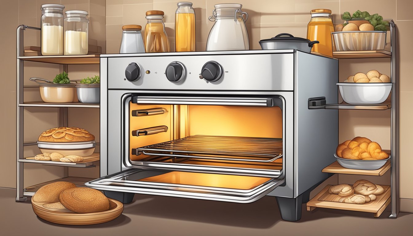 An open baking oven with advanced features and technology, emitting a warm glow, surrounded by various baking ingredients and tools