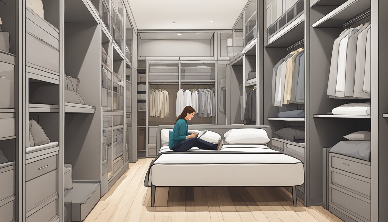 A person browsing through various bed frames with built-in storage compartments in a furniture store showroom