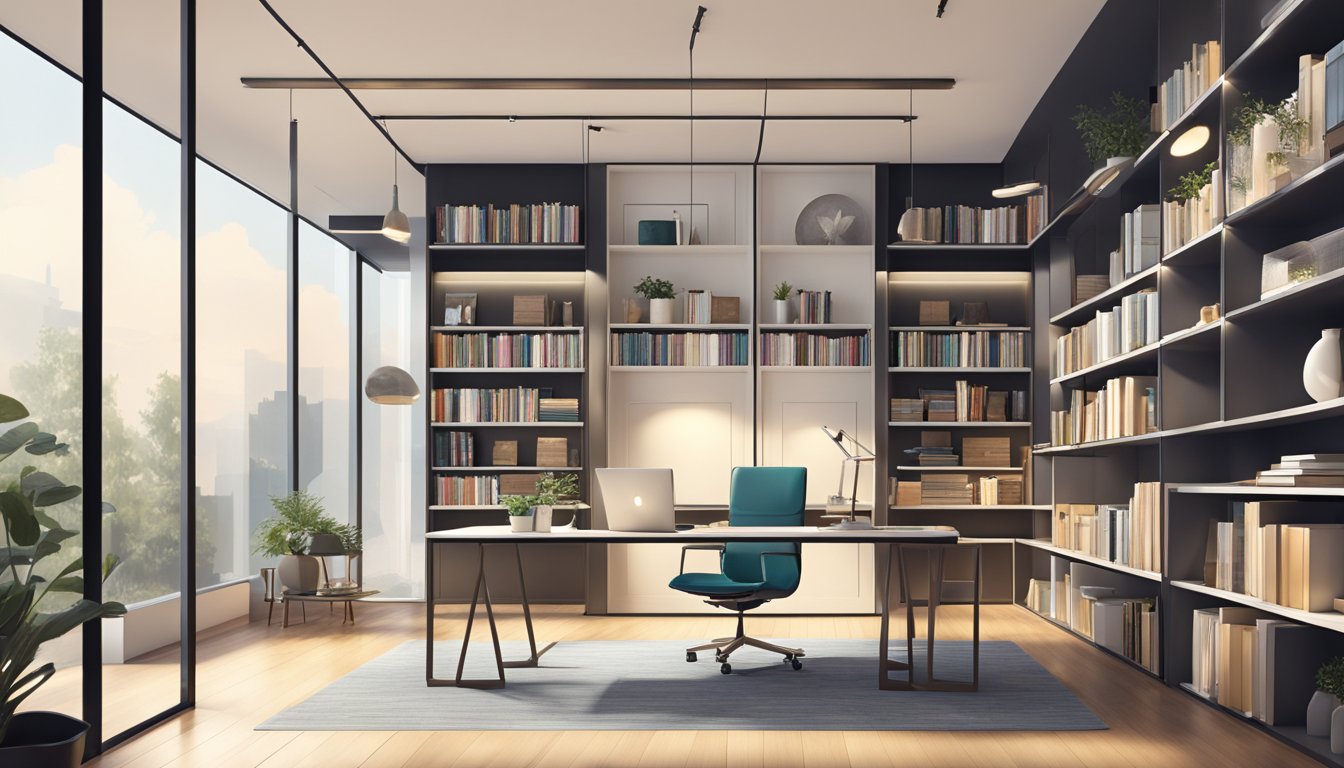 A sleek, modern desk sits against a backdrop of floor-to-ceiling windows, with a comfortable ergonomic chair and stylish shelving units displaying books and decorative items. A statement light fixture hangs above, illuminating the space