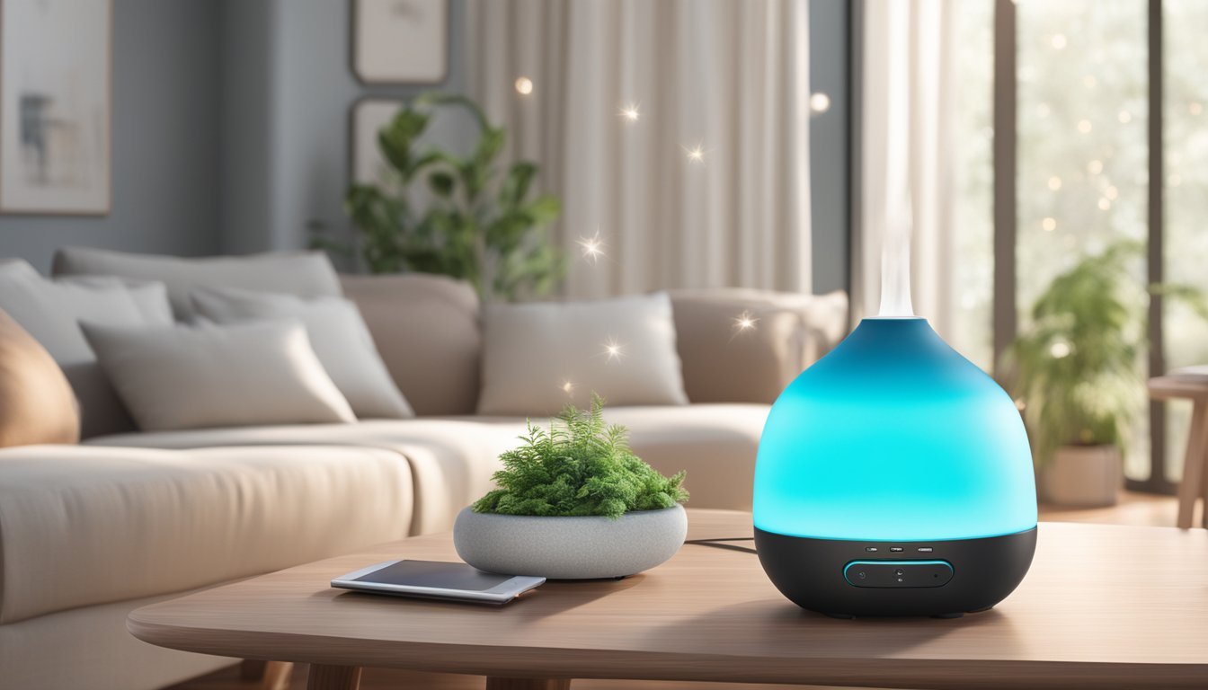 A 1000ml essential oil diffuser releasing aromatic mist in a cozy, well-lit room with comfortable furniture and soft décor