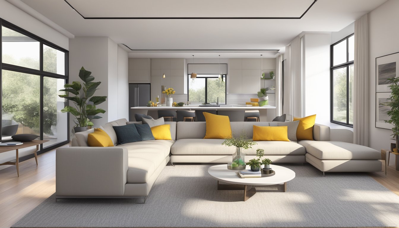 A sleek, minimalist living room with clean lines and contemporary furniture. Neutral tones accented with pops of color. Open space with natural light