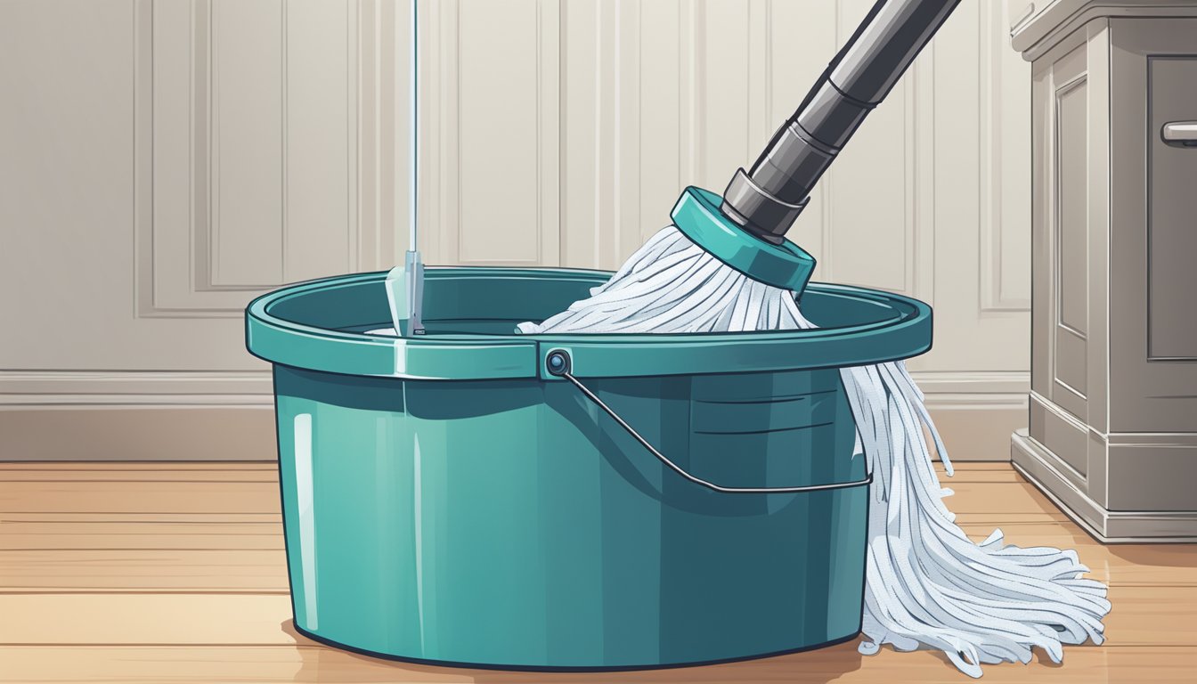 A spin mop with a bucket, water, and cleaning solution, surrounded by a stack of frequently asked questions about its use