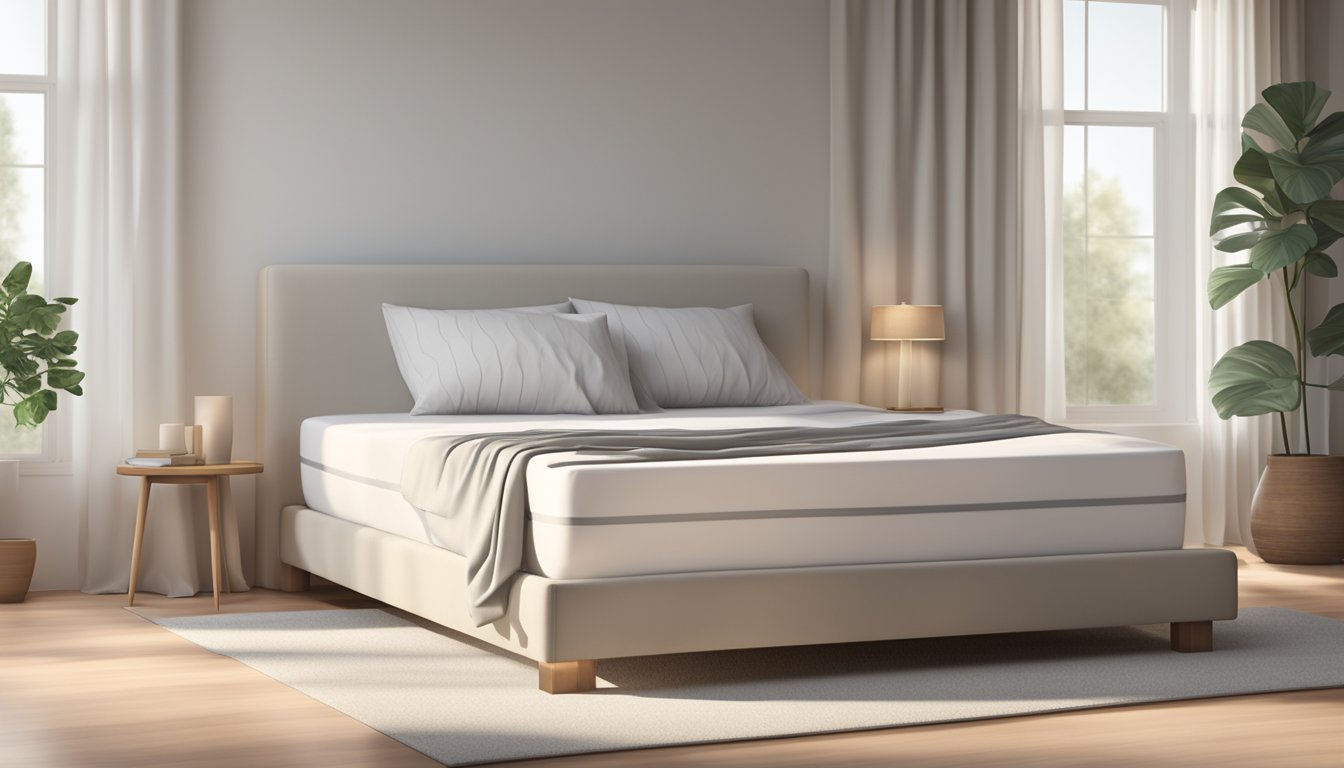 A 42-inch wide mattress lies on a simple bed frame, with a clean white sheet draped over it. The room is softly lit, casting a warm glow on the mattress