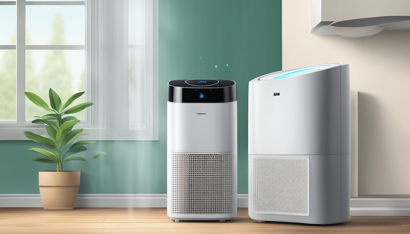 An air purifier and a humidifier sit side by side, with the air purifier clearing the air of pollutants and the humidifier adding moisture to the room