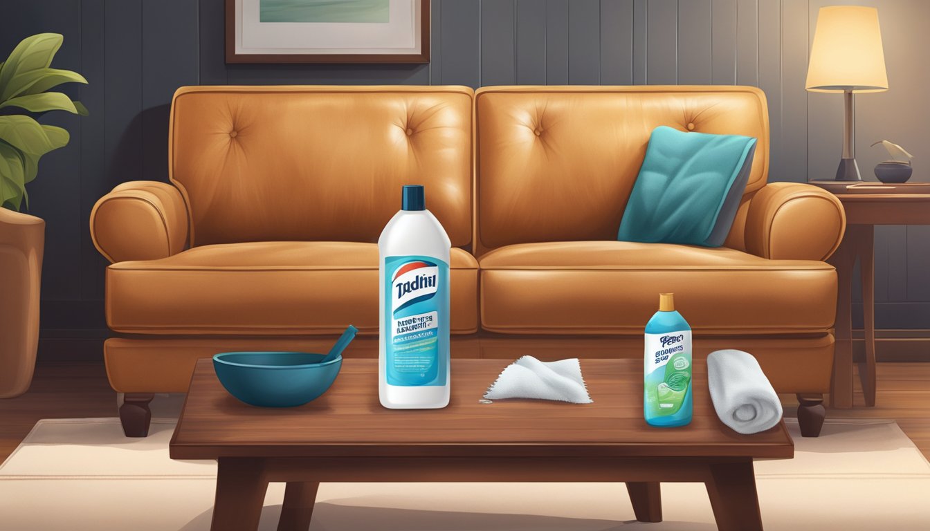A leather sofa being wiped down with a soft cloth and leather conditioner, with a bottle of conditioner and a cloth nearby