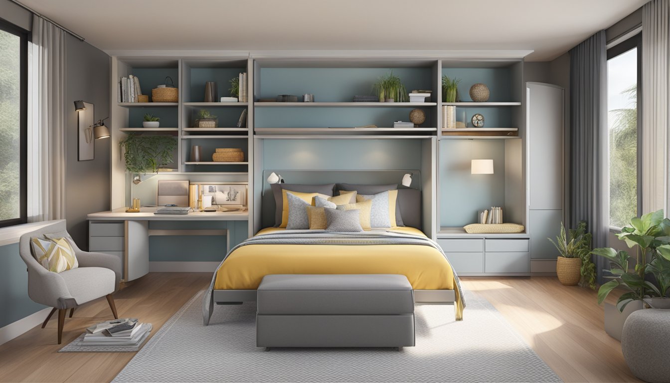 A bedroom with a bed frame featuring built-in storage compartments underneath, maximizing space