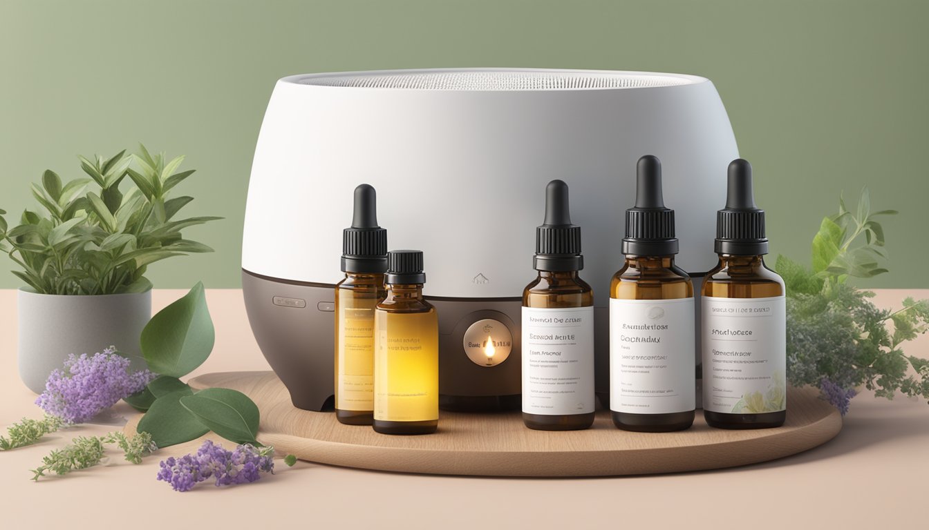 A large 1000ml essential oil diffuser emits fragrant mist, surrounded by various essential oil bottles and a stack of FAQ papers