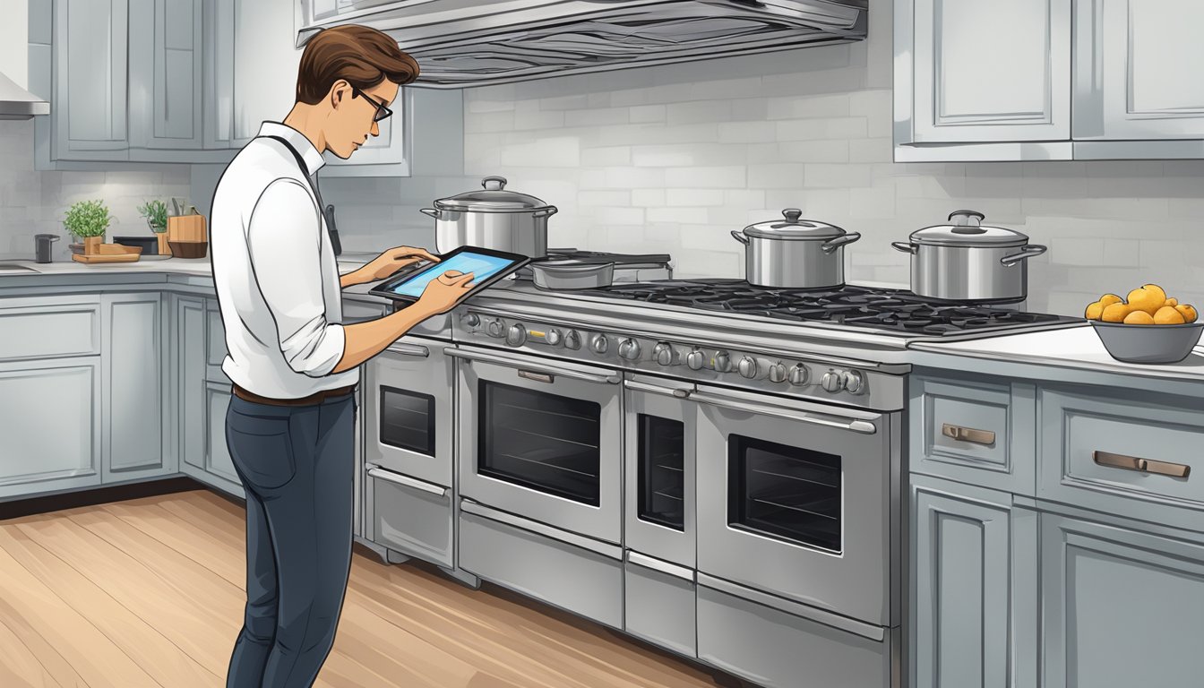 A person comparing different ovens in a kitchen showroom, examining features and reading reviews on a tablet