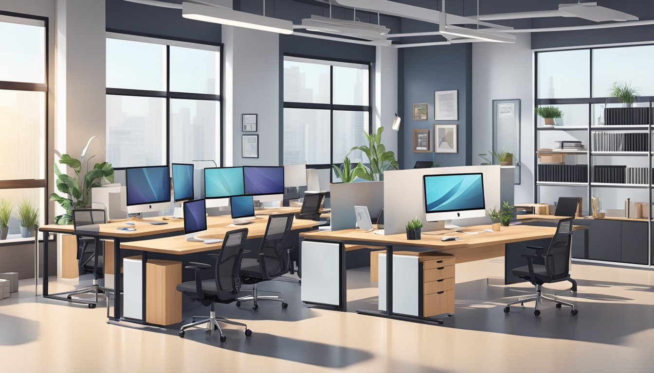 A modern office space with stylish and functional furniture, including ergonomic chairs, adjustable standing desks, and sleek storage solutions