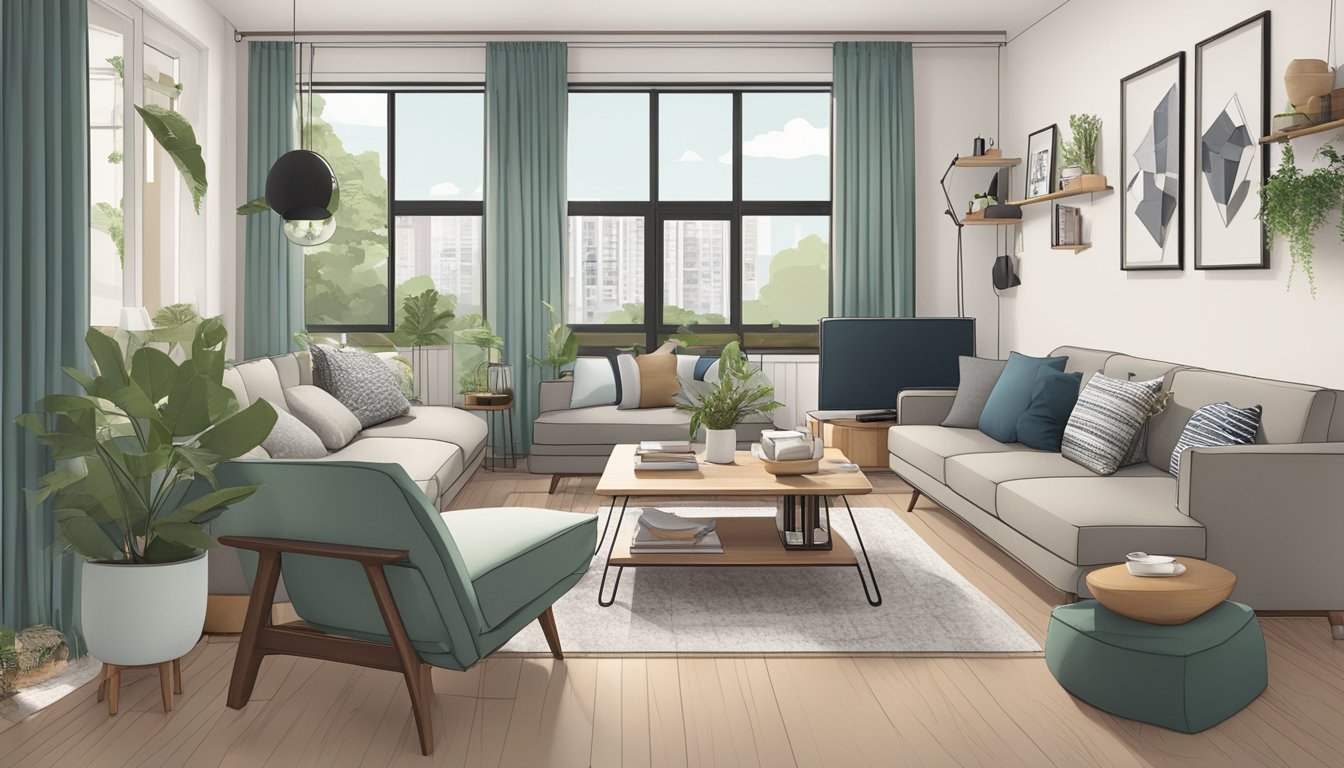 A cozy HDB living room with a mix of modern and traditional elements, featuring unique design themes such as Scandinavian, industrial, or vintage