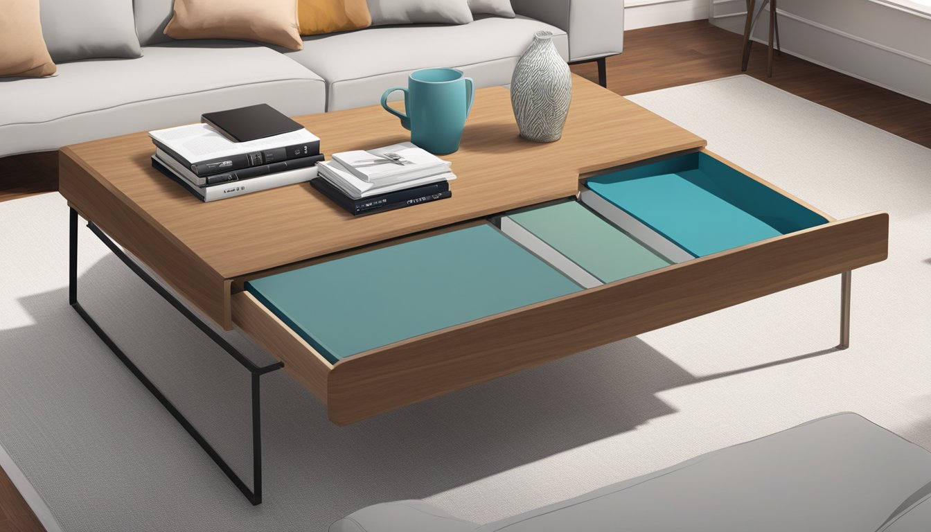 A coffee table stands at a height that allows for easy reach and comfortable use while seated on a standard sofa or chair