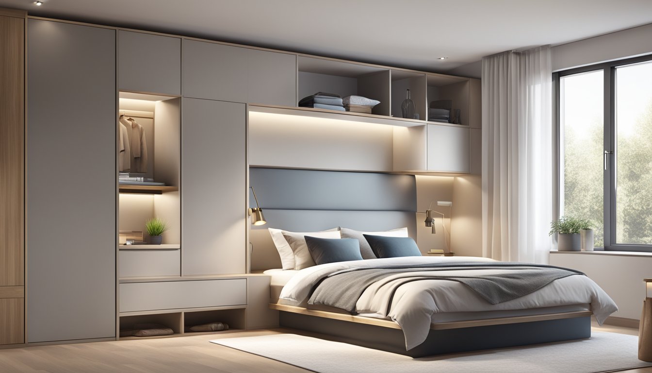 A bedroom with a modern bed frame featuring built-in storage compartments. Clean and minimalistic design. Bright lighting and neutral color scheme