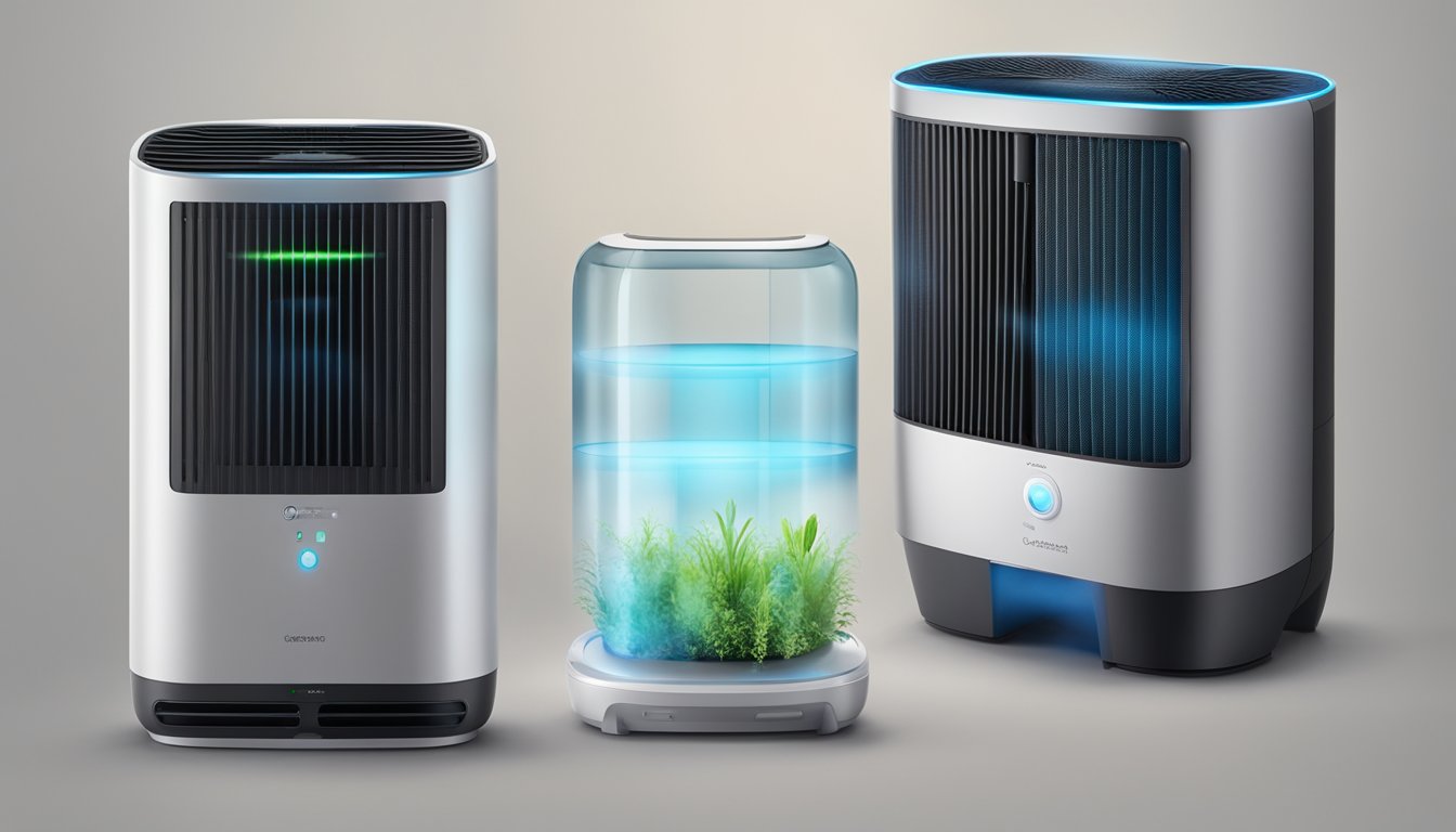 An air purifier and a humidifier sit side by side, with clean, purified air flowing from the former and moist, humid air emanating from the latter