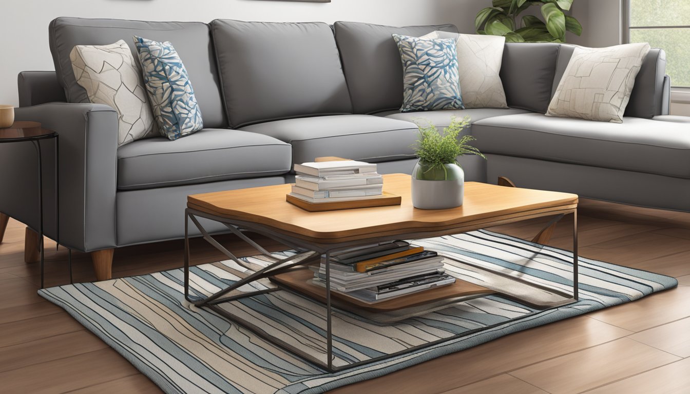 A coffee table, 16-18 inches tall, sits in front of a sofa. It complements the seating and allows for easy access to items placed on it