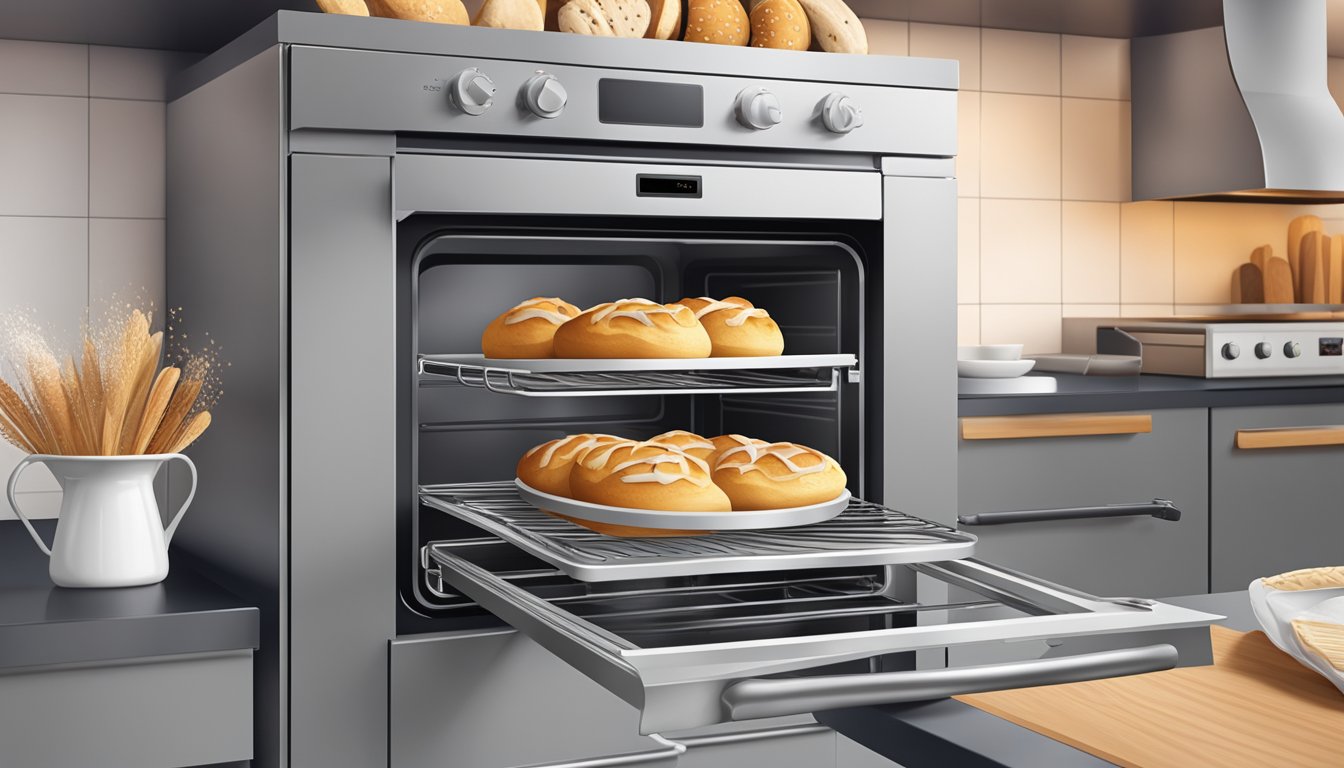 An open oven door with a tray of freshly baked goods inside, surrounded by a modern kitchen setting