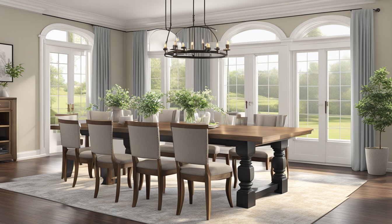 A standard dining table measuring 29-30 inches in height, with a length and width of 36-40 inches, set in a spacious dining area with ample natural light