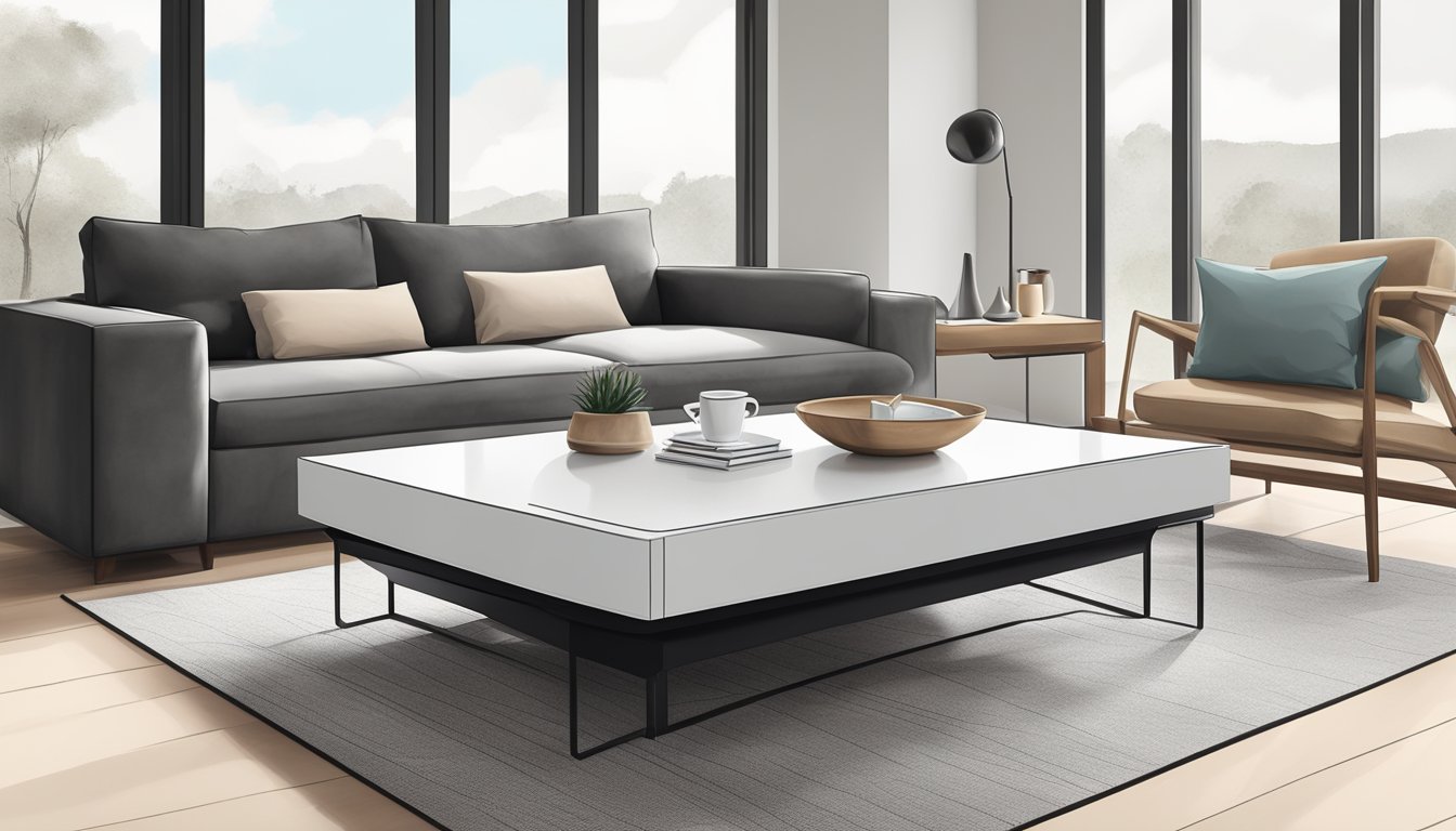 A sleek, modern coffee table, 18 inches in height, with clean lines and a minimalist design, sits in a well-lit, airy living room