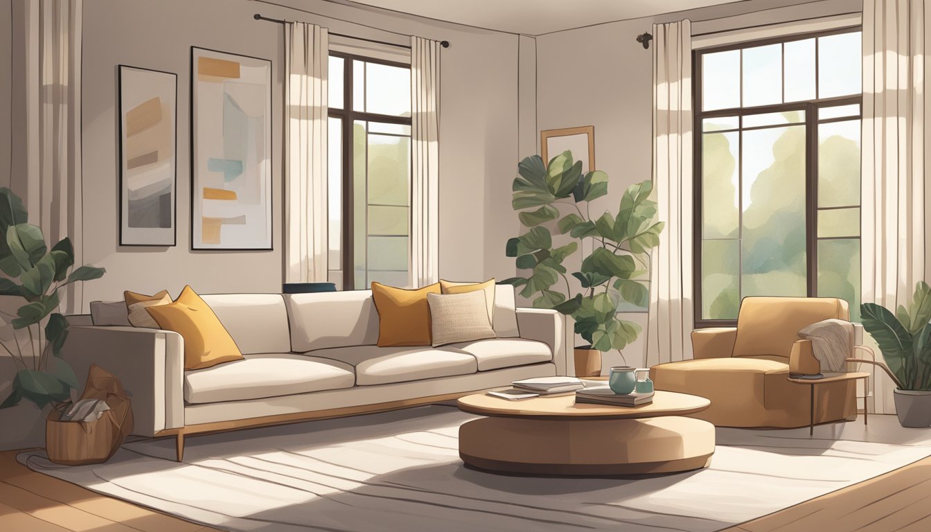 A cozy living room with minimalist furniture, neutral colors, and natural light streaming in through large windows, creating a warm and inviting atmosphere