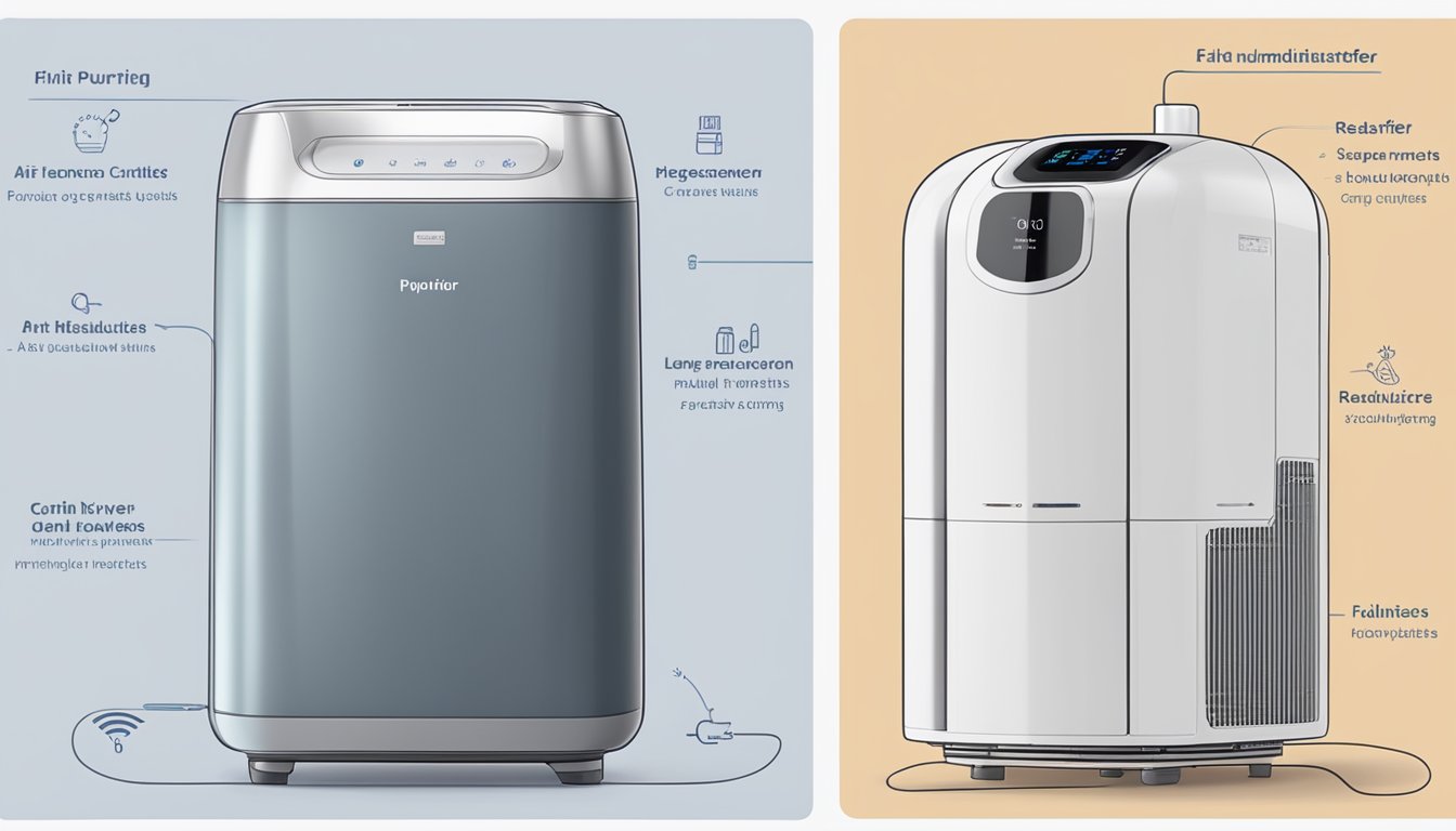 An air purifier and a humidifier sit side by side, with labels clearly indicating their differences