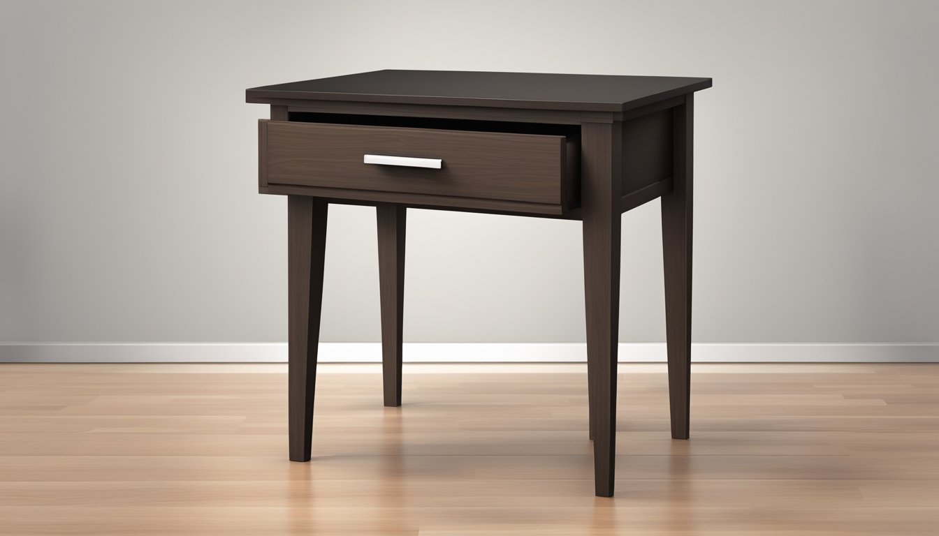 A small, rectangular bedside table with a height of 24 inches, a width of 18 inches, and a depth of 14 inches, made of dark wood with a single drawer and a small shelf underneath