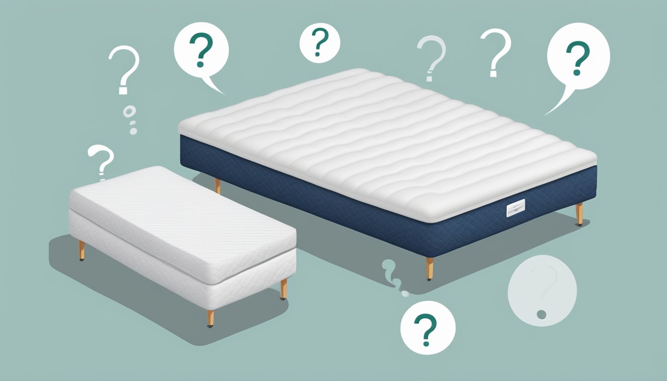 A memory foam mattress and a spring mattress stand side by side, with a question mark hovering between them