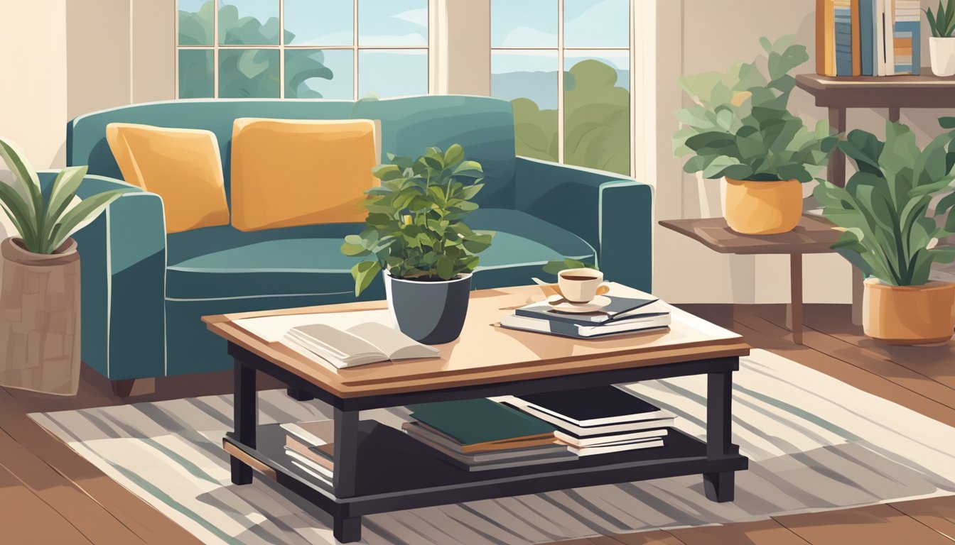 A coffee table, 18-20 inches in height, with a stack of books and a potted plant on top, placed in a living room setting with a cozy couch and a rug underneath