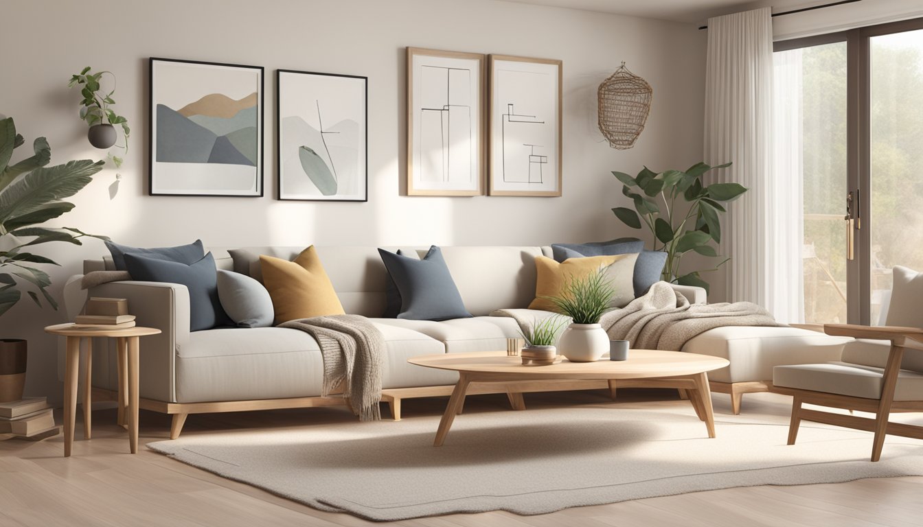 A cozy living room with minimalist furniture, neutral colors, natural materials, and plenty of natural light