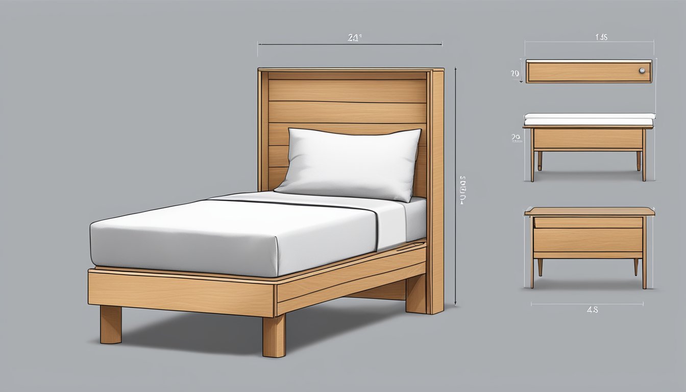 A bedside table with dimensions of 24 inches in height, 18 inches in width, and 16 inches in depth, positioned next to a bed