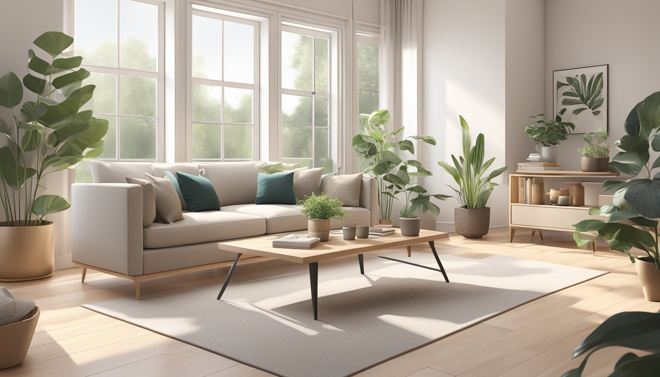 A cozy living room with minimalistic furniture, light wooden floors, and neutral color palette. Large windows let in natural light, with potted plants adding a touch of greenery