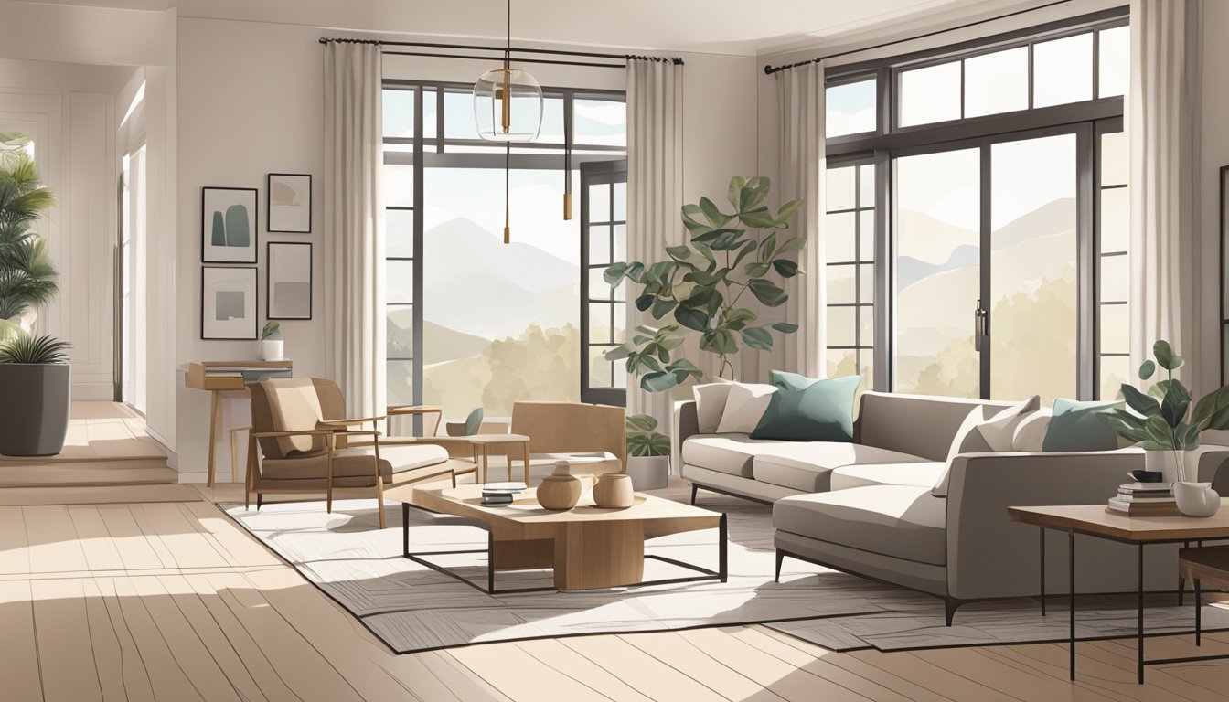 A cozy living room with minimalist furniture, neutral color palette, and natural light streaming in through large windows. Clean lines and functional yet stylish decor create a serene and inviting atmosphere