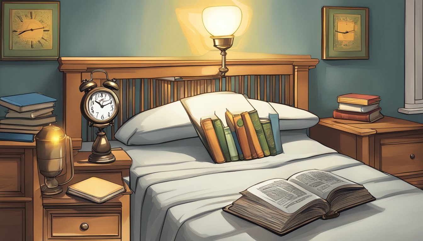 A lamp, clock, and book rest on a bedside table. Dimensions are approximately 24 inches wide, 16 inches deep, and 24 inches high