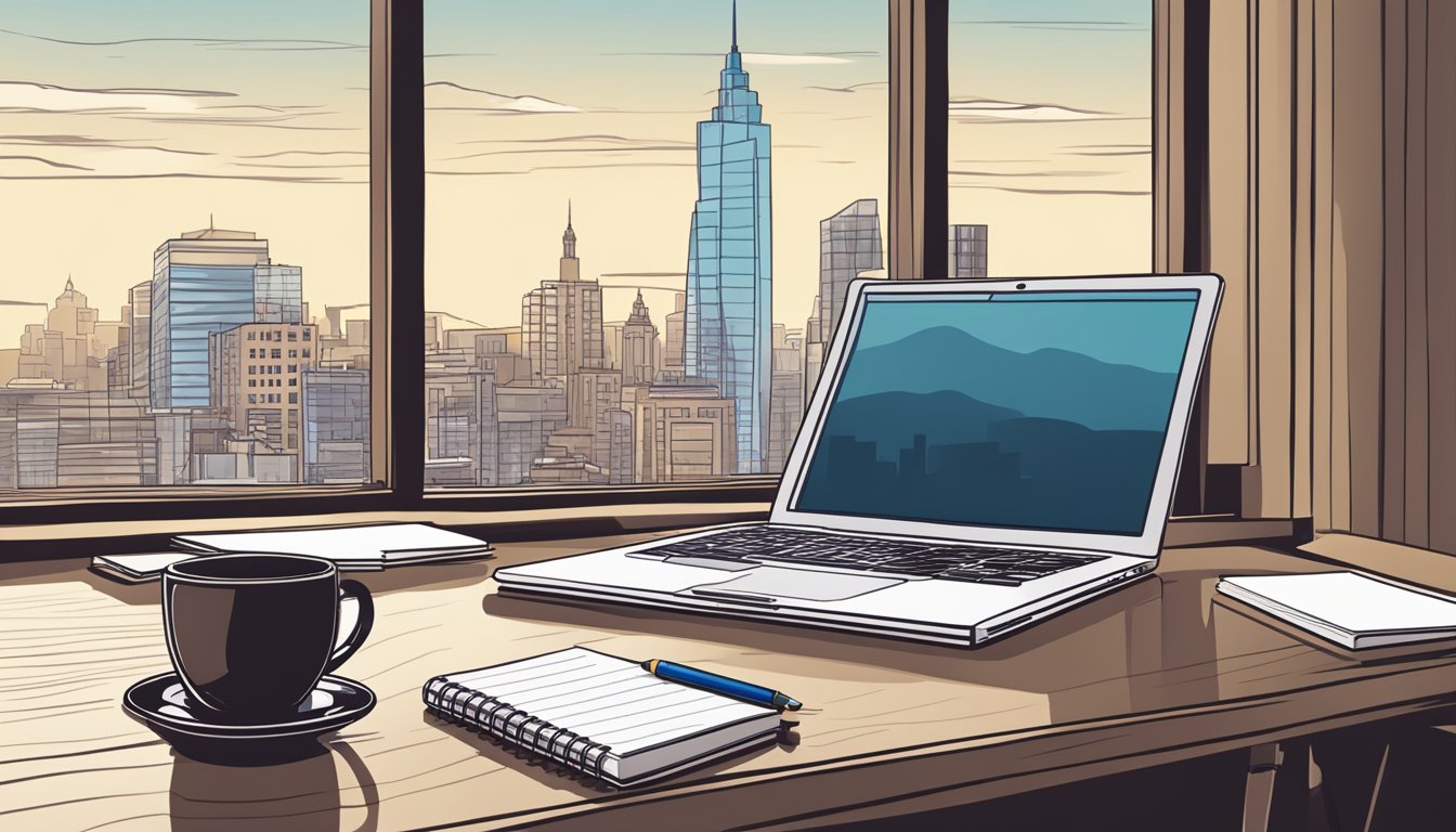 A laptop and notebook sit on a desk, surrounded by pens and a cup of coffee. A window overlooks a city skyline in the background