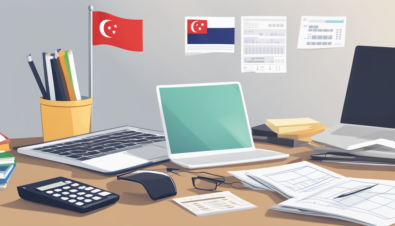 A laptop on a desk with a stack of papers and a calculator. A Singaporean flag in the background