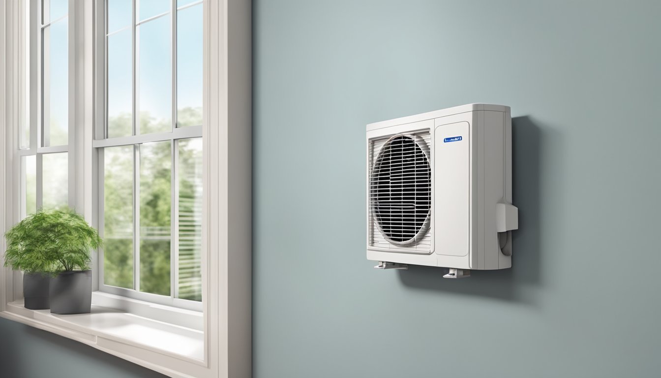 A split air conditioner mounted high on a wall, with cool air blowing out and the fan spinning