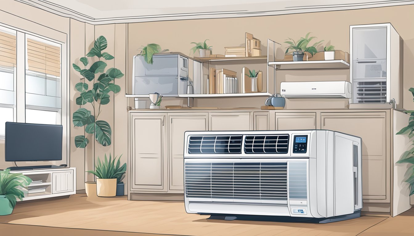 A hand reaches out to select the perfect split air conditioner from a display, surrounded by various models and brands