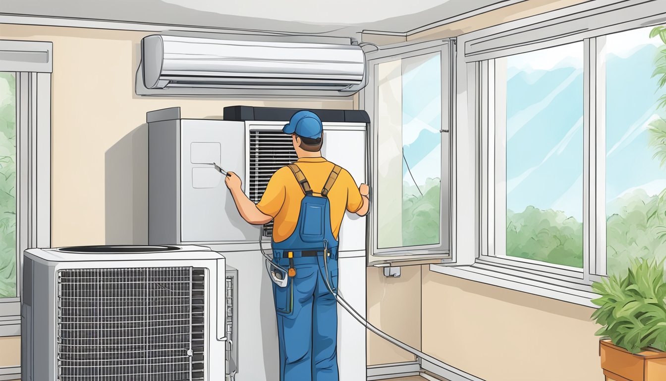 A technician installs and maintains a split air conditioner, connecting the indoor and outdoor units with refrigerant lines and electrical wiring