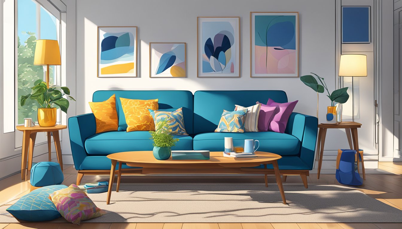 A blue sofa sits in a sunlit room, surrounded by colorful throw pillows