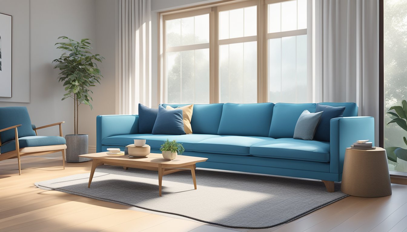 A bright blue sofa sits in a minimalist living room, surrounded by clean lines and modern decor. The room is filled with natural light, creating a serene and inviting atmosphere