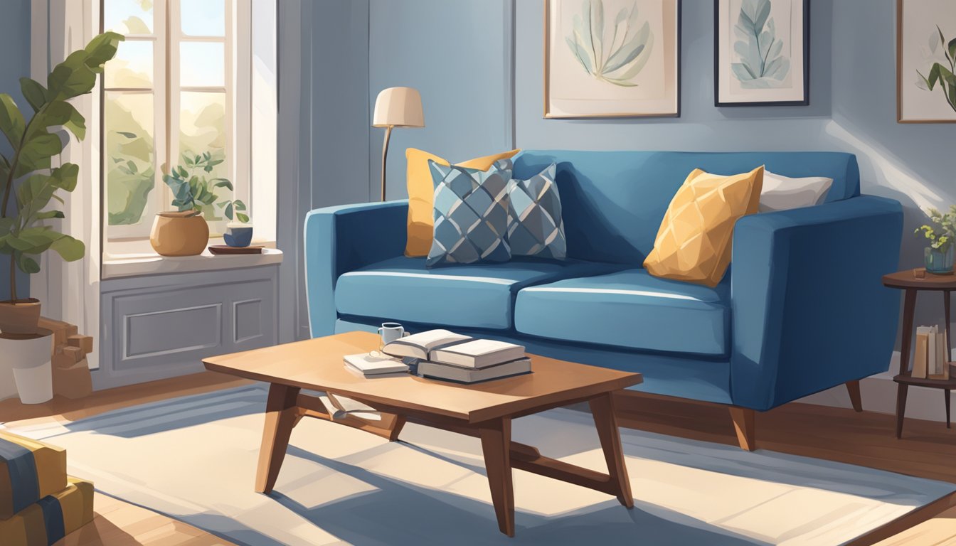 A blue sofa in a well-lit living room with a cozy throw blanket and a stack of books on the side table