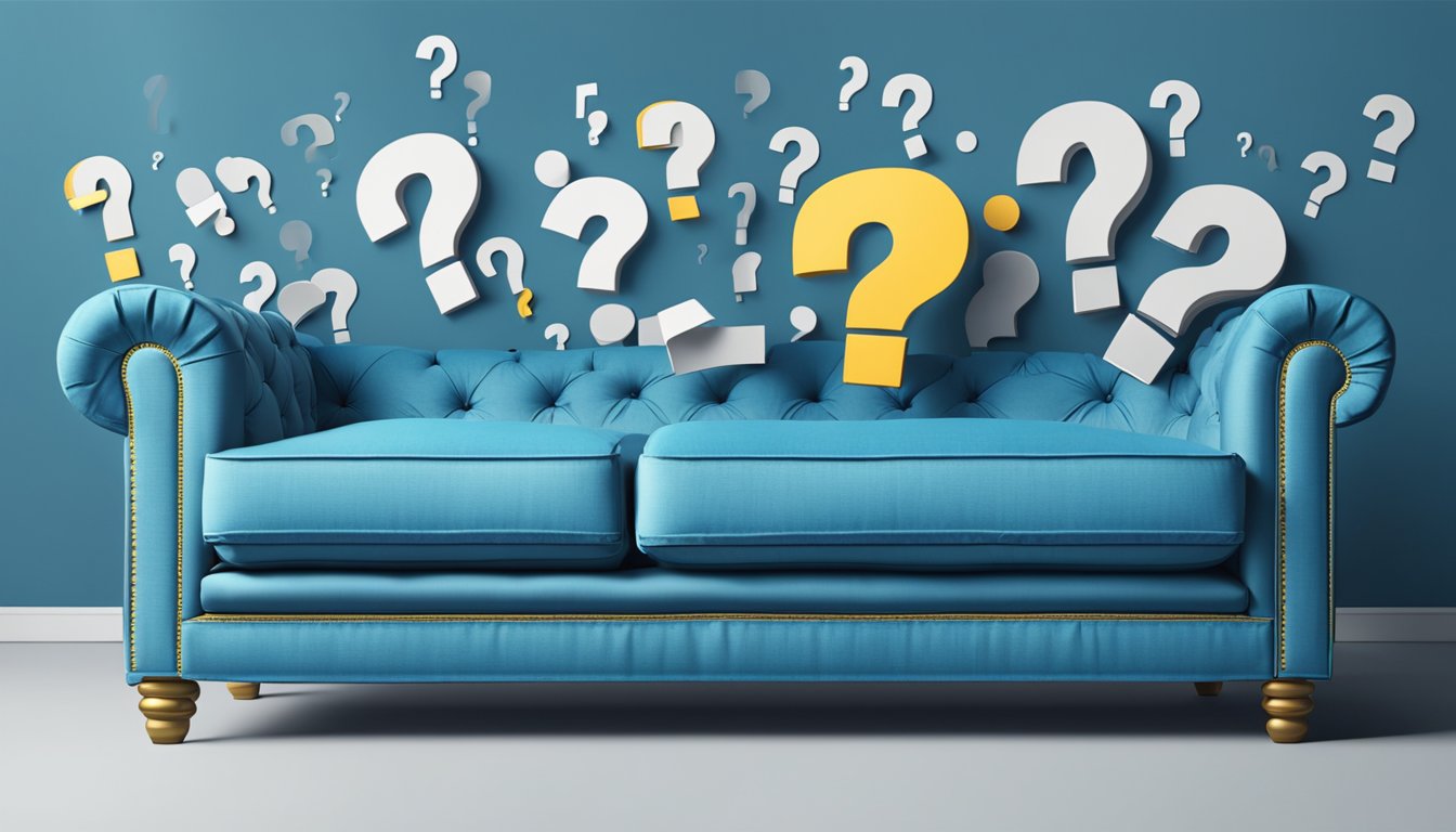 A blue sofa surrounded by question marks, representing a "Frequently Asked Questions" setting