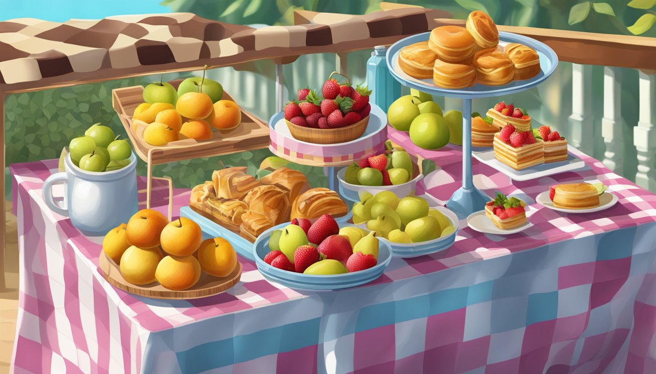 A food trolley filled with colorful fruits, pastries, and drinks, neatly arranged with a checkered tablecloth underneath