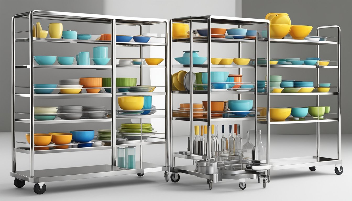 A sleek stainless steel trolley with adjustable shelves holds an array of colorful ceramic dishes, glassware, and utensils. The design is modern and minimalist, with clean lines and a polished finish