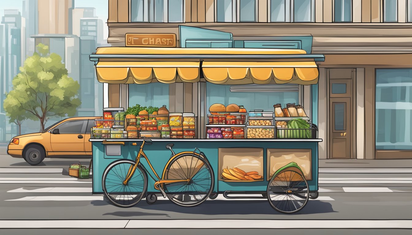 A well-stocked convenience food trolley rolls down a busy city street, offering a variety of everyday items for quick and easy consumption
