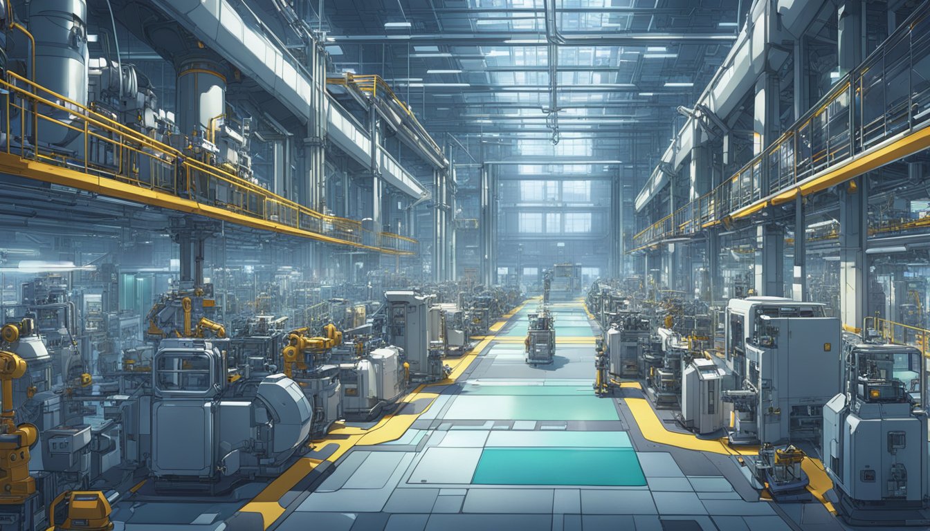 A futuristic factory floor, filled with advanced machinery and robots, creating custom products with precision and efficiency