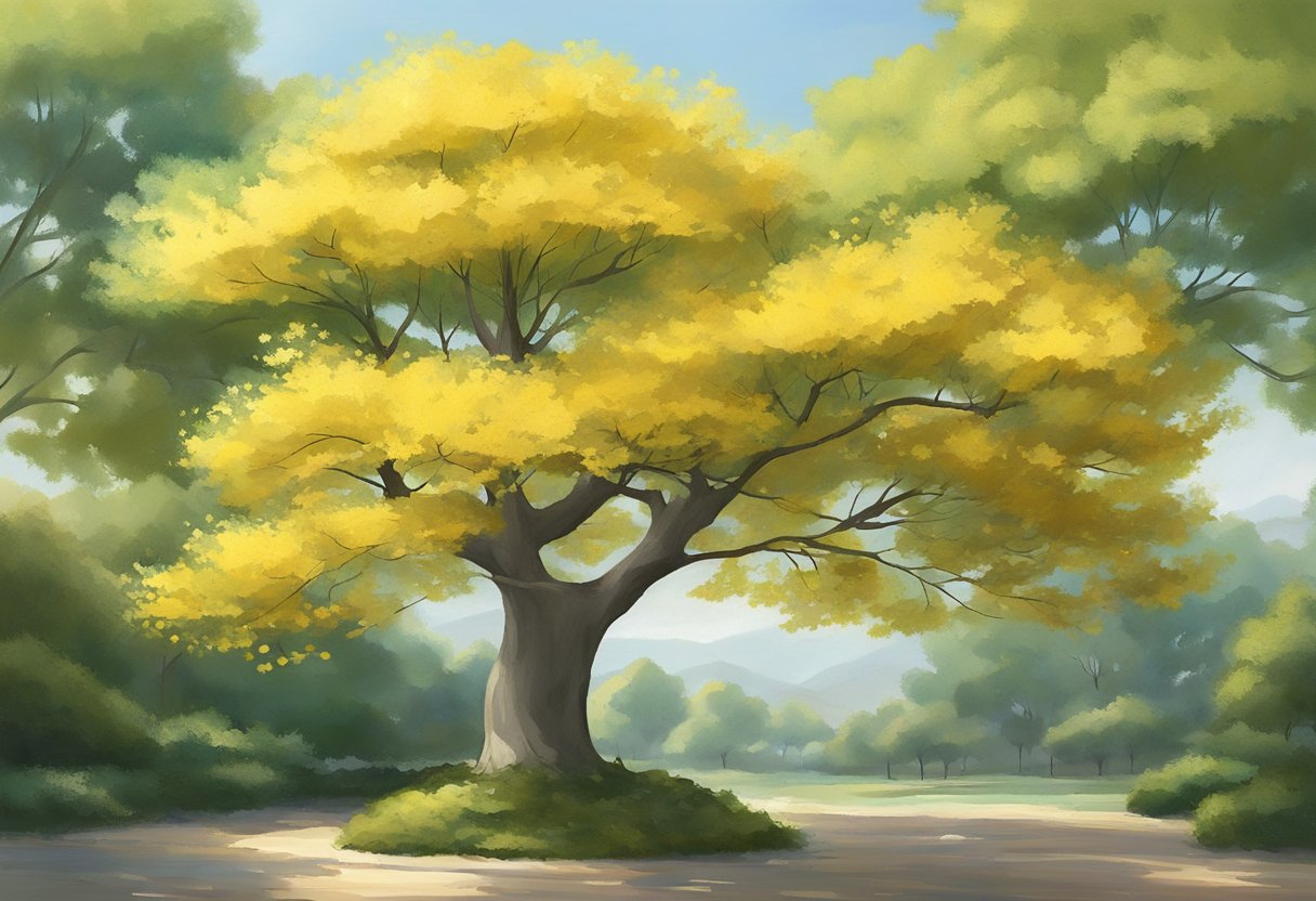 A solitary Ginko Biloba tree stands tall in a serene garden, its fan-shaped leaves fluttering in the gentle breeze. The tree's distinctive golden leaves create a striking contrast against the surrounding greenery