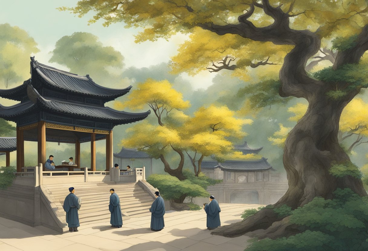 Ginko Biloba tree in ancient Chinese garden, with scholars studying and writing under its shade