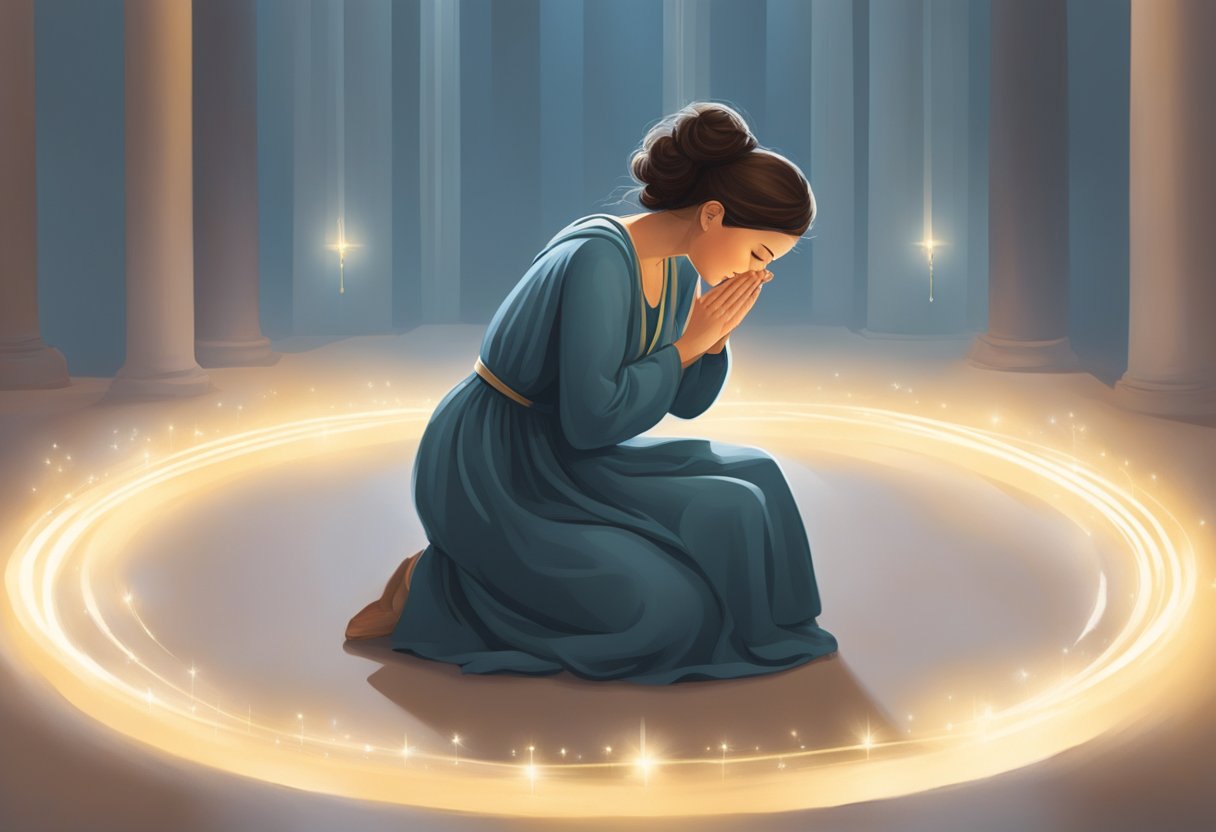 A woman kneels in prayer, surrounded by a circle of light, as she fervently prays for her husband's faithfulness and protection from other women