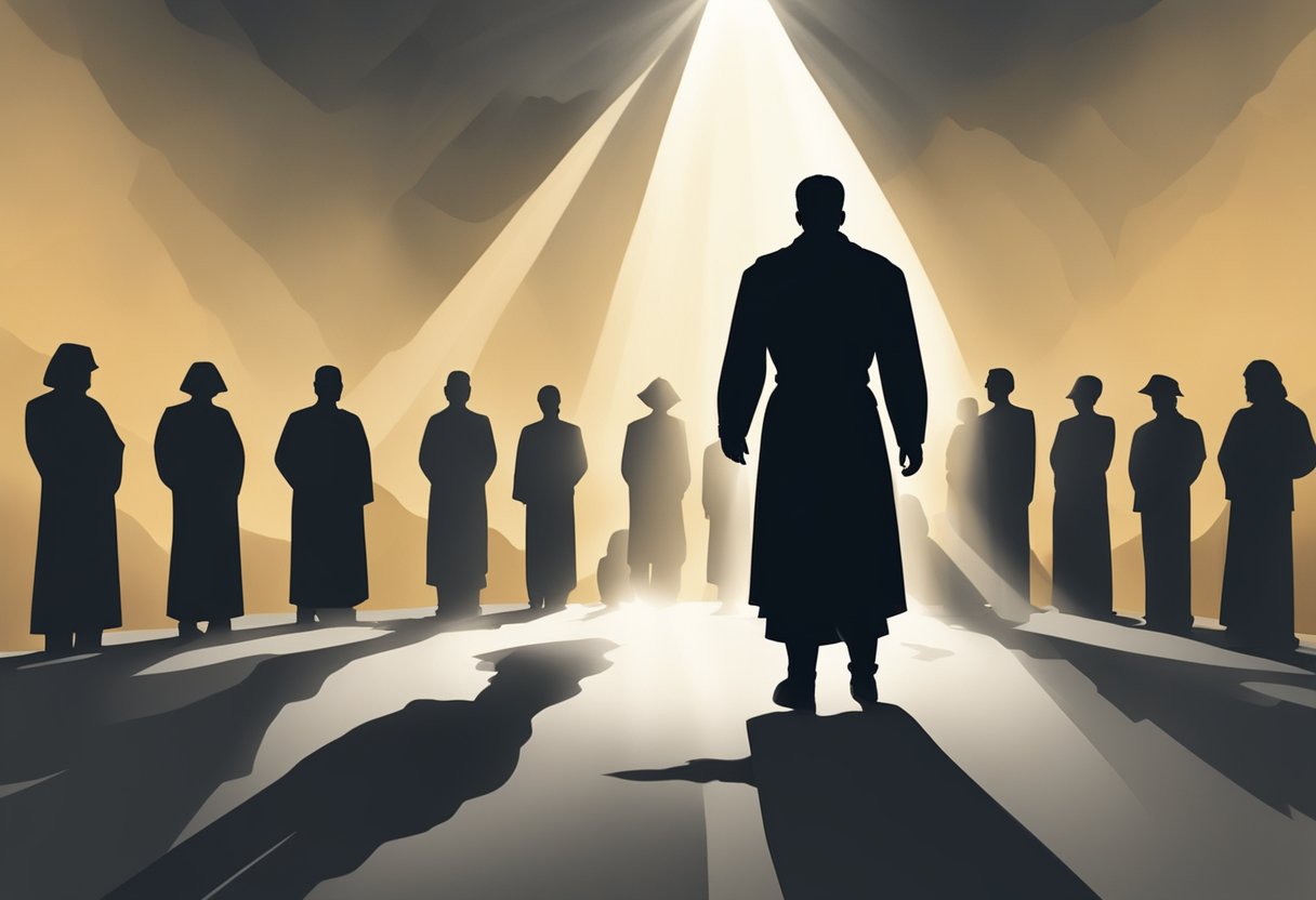 A man's silhouette surrounded by dark, shadowy figures representing other women, while a beam of light shines on him, symbolizing the power of warfare prayers