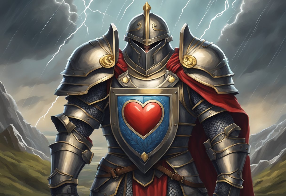 A heart surrounded by armor and a shield, standing firm against a storm of temptation and distraction